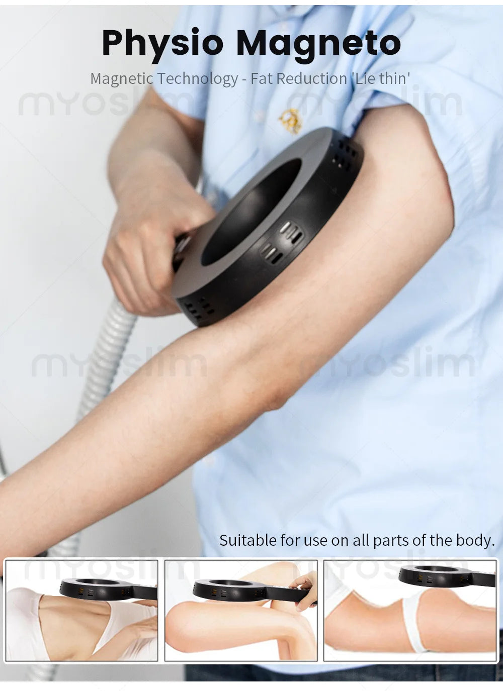 Person using a Physio Magneto device on their arm with text indicating magnetic technology for effectiveness.