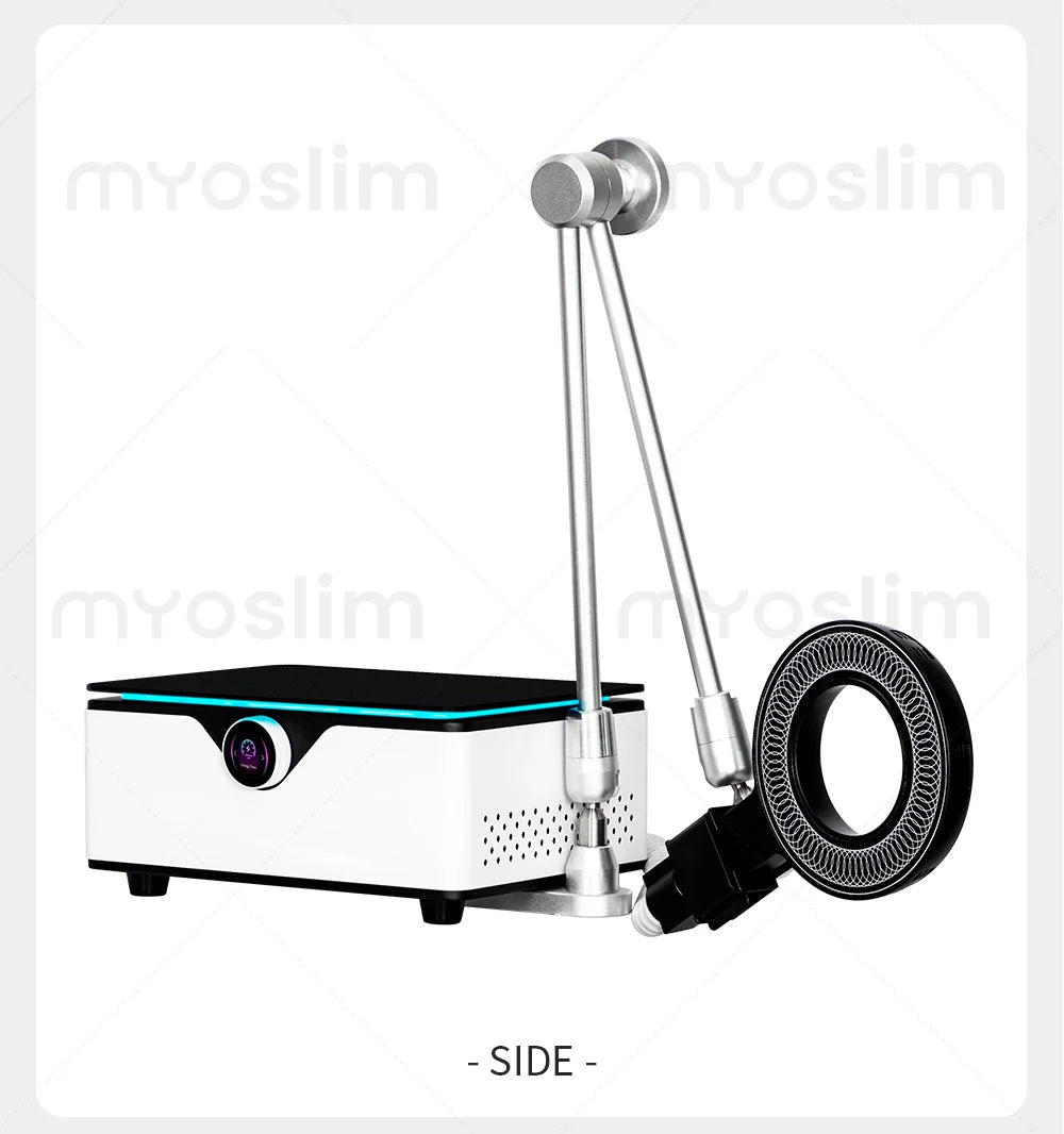 Professional EMTT Physio Magneto machine with articulated arm and magnetic ring applicator. Angle view.