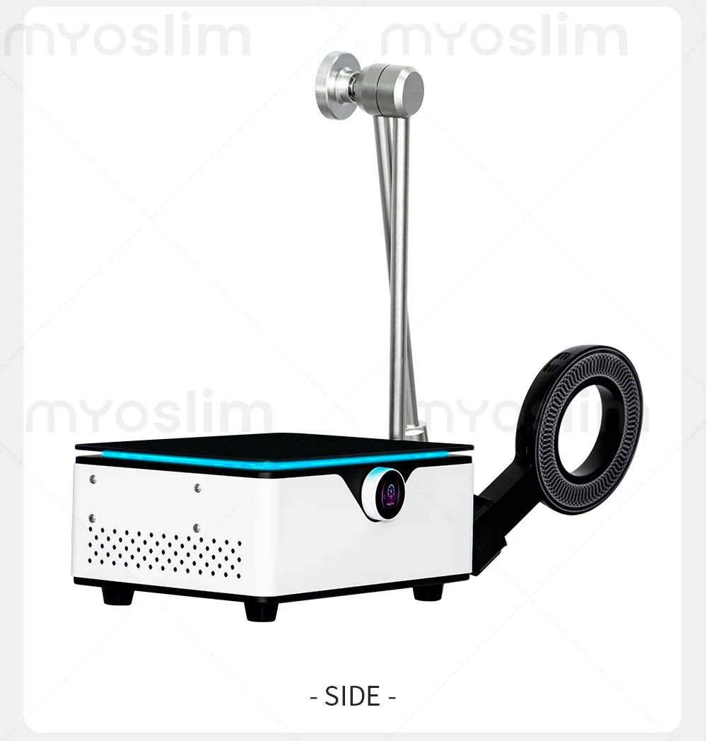 Professional EMTT Physio Magneto machine with articulated arm and magnetic ring applicator. Alternate side view.