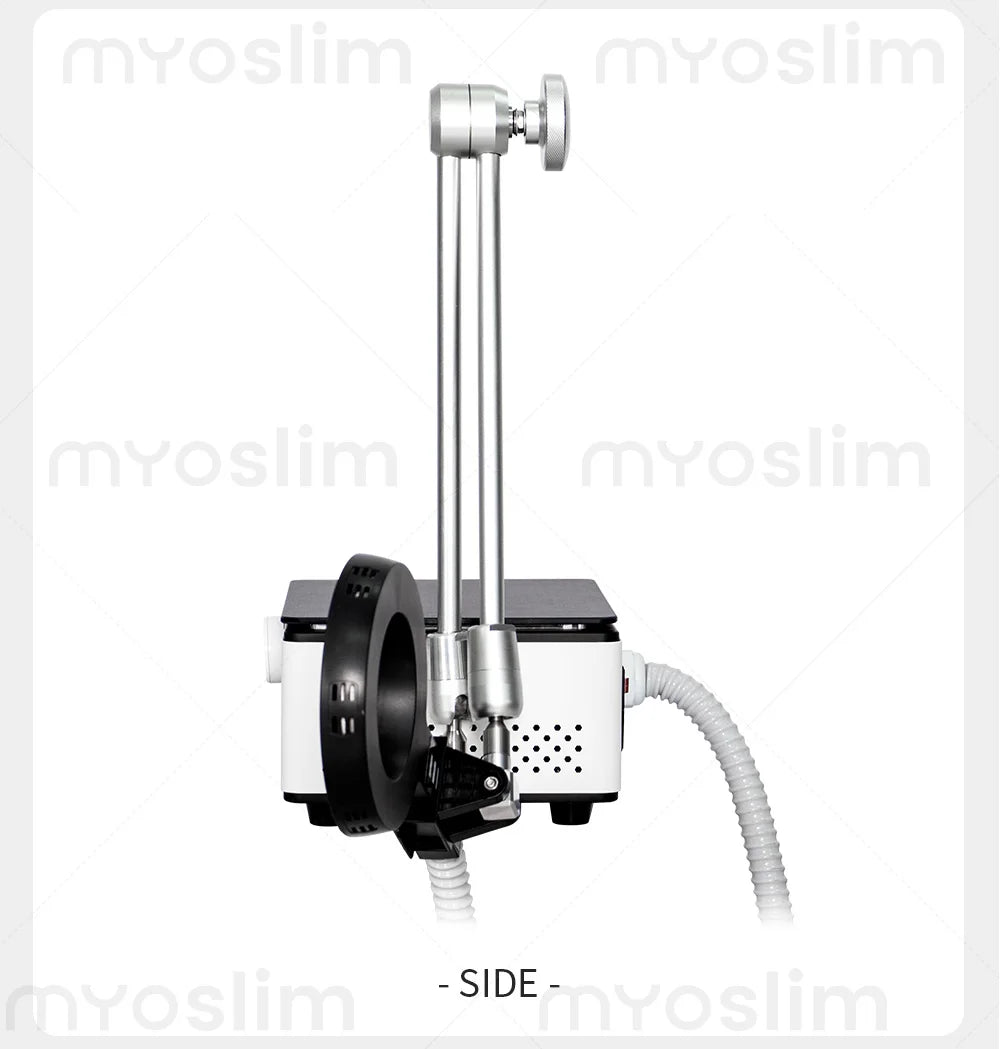 Professional EMTT Physio Magneto machine with articulated arm and magnetic ring applicator. Side view.