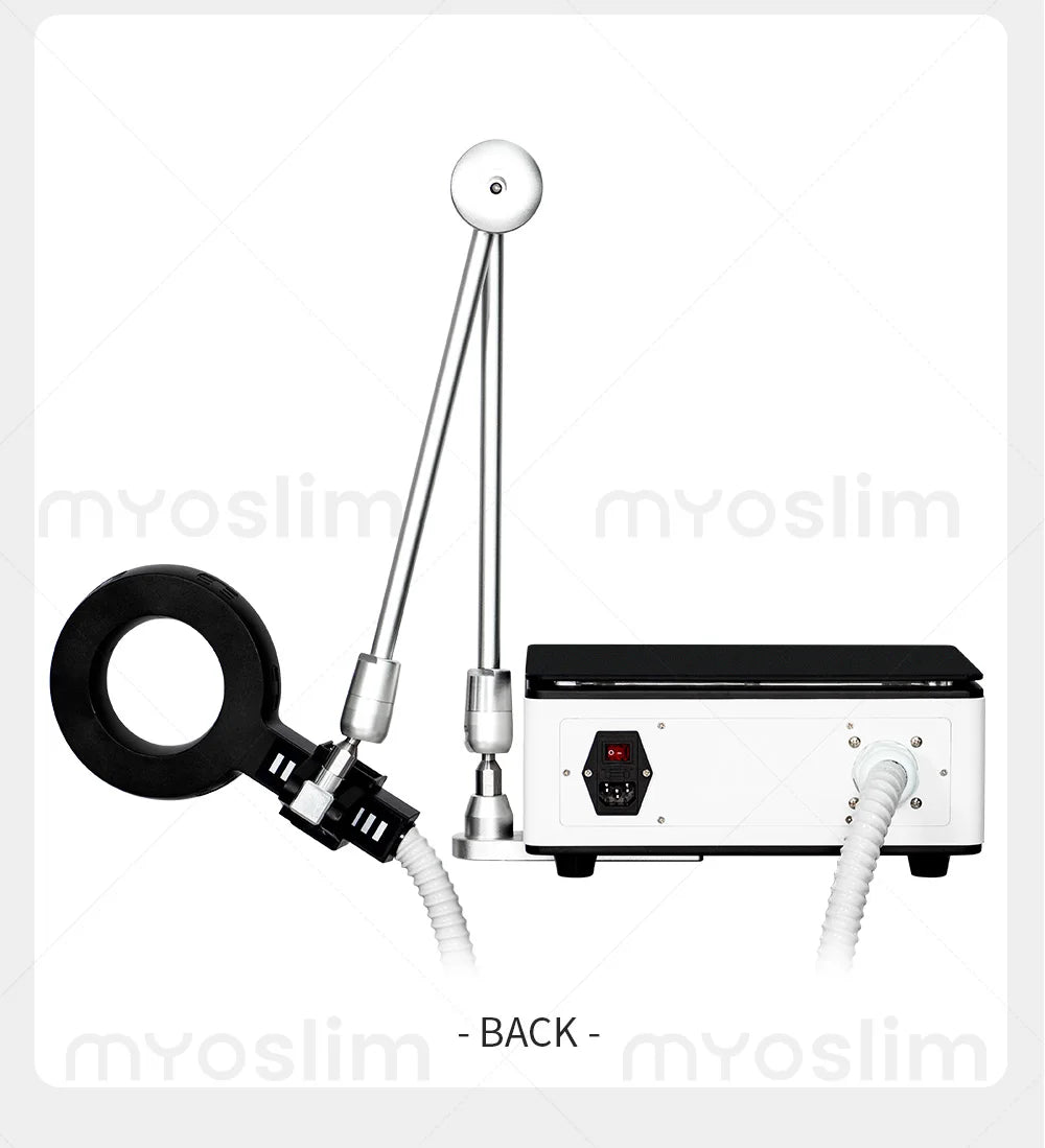 Professional EMTT Physio Magneto machine with articulated arm and magnetic ring applicator. Back view.
