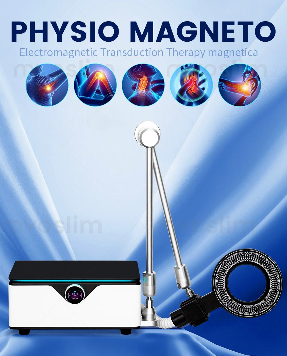 Physio Magneto electromagnetic therapy device with blue background and icons. Professional EMTT machine with articulated arm and magnetic ring applicator.