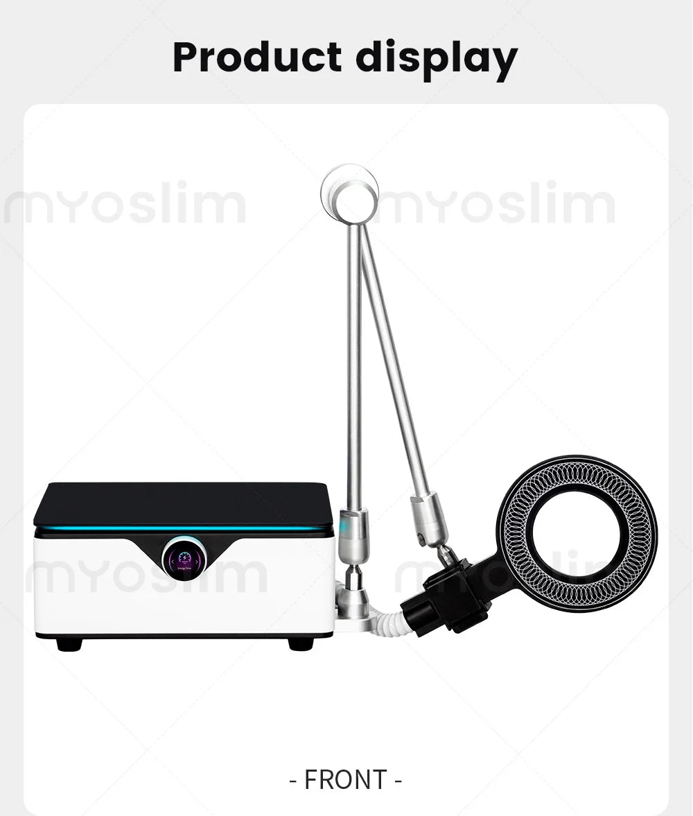 Professional EMTT Physio Magneto machine with articulated arm and magnetic ring applicator. Front vew.