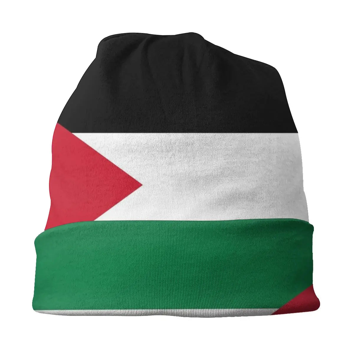 Colorful Palestinian flag beanie skull-cap skullie knitted Palestine Gaza toque cap with red, white, and black design on a white background.