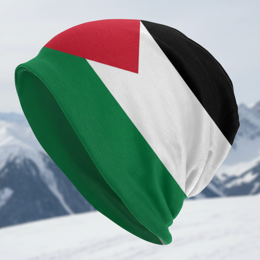 Colorful Palestine flag beanie toque skullcap with green, red, black, and white sections on a snowy background.