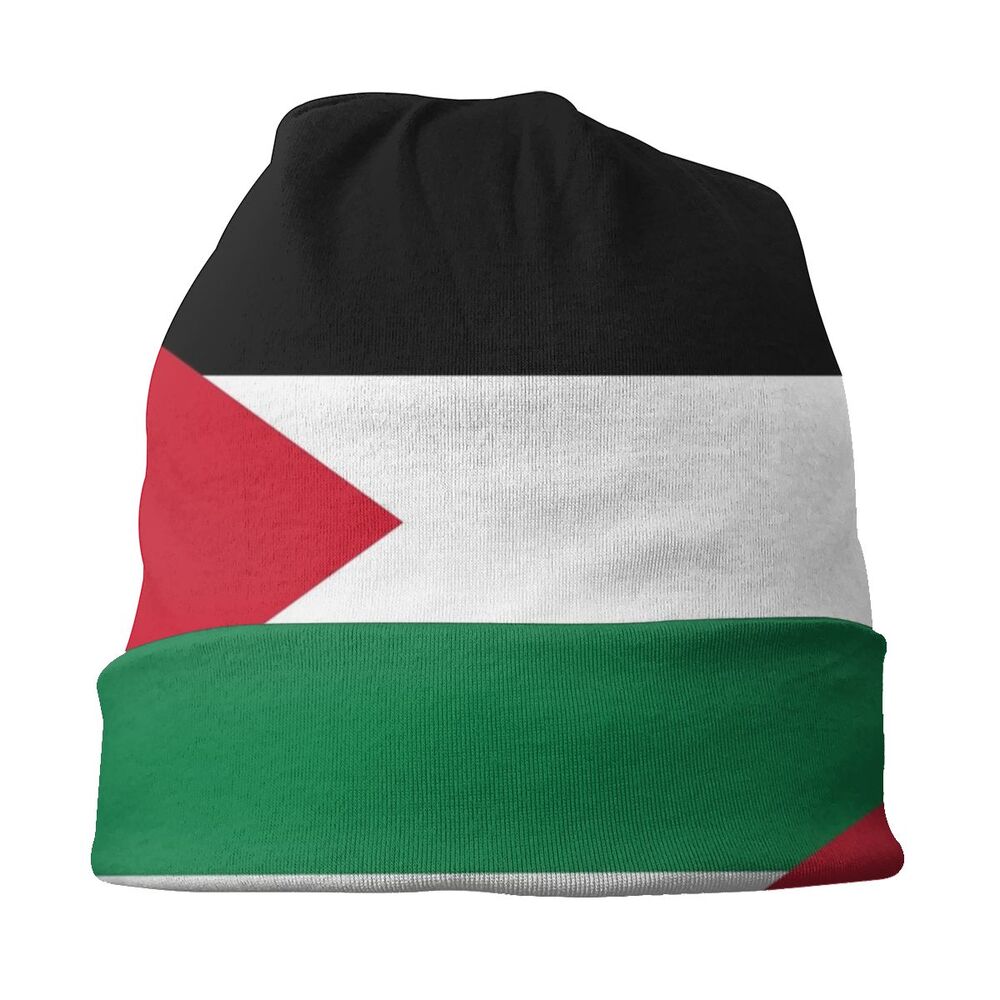 Palestinian flag beanie knitted toque skull-cap skullie, with black, red, white, and green colors on a white background.