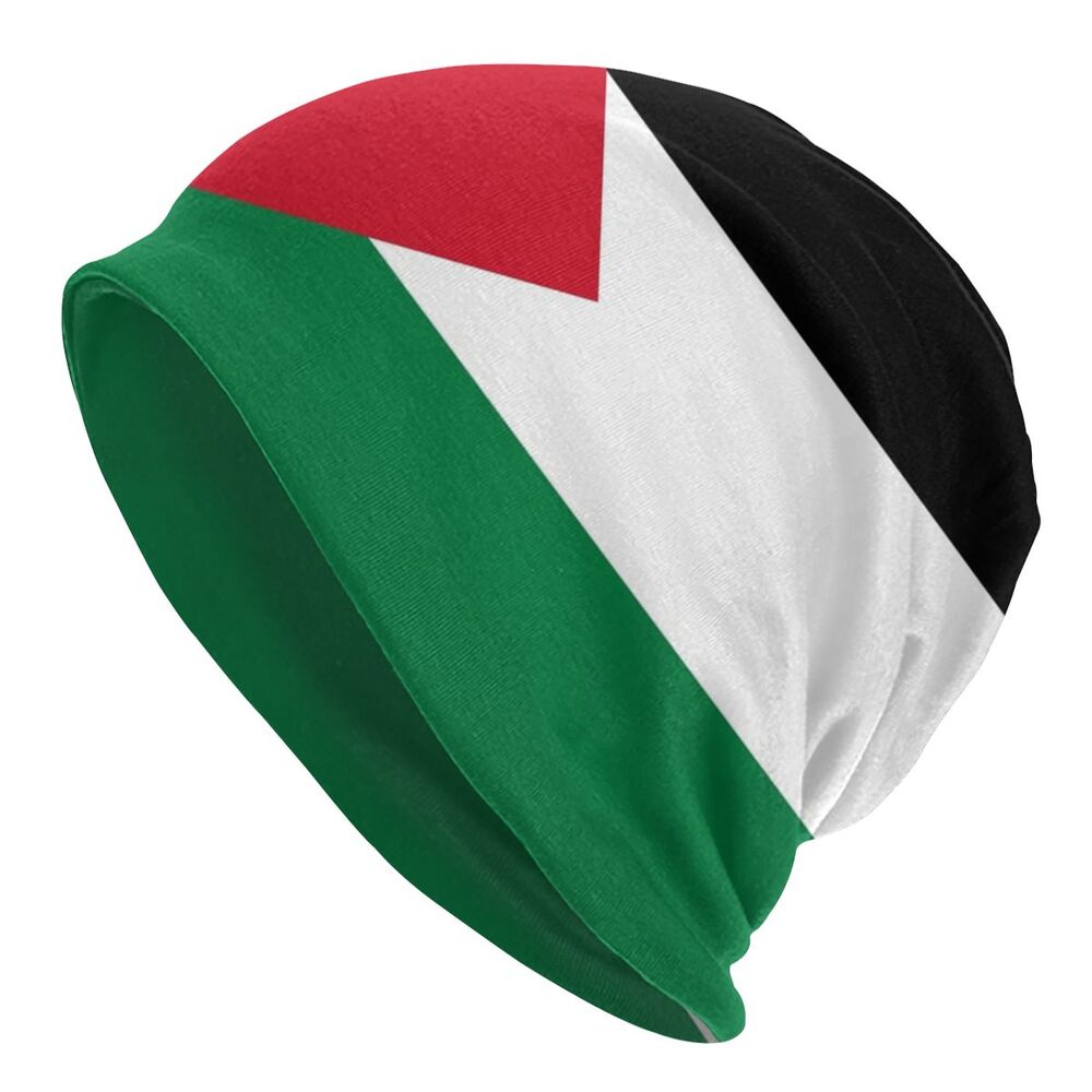 Colorful Palestinian flag beanie skull-cap skullie knitted Palestine Gaza toque cap with red, white, and black design on a white background.