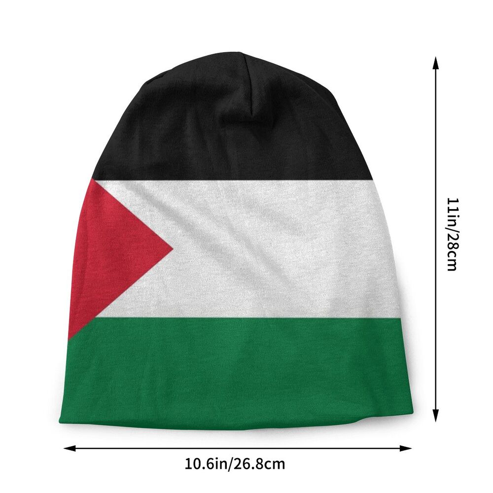 Beanie with Palestinian flag design and measurements on a white background