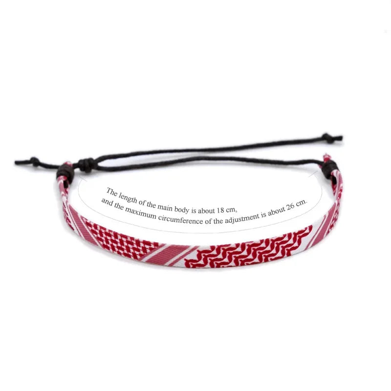 Red and white 'Palestinian Keffiyeh Hand Woven Bracelets | Color Options OSFA Hand-Tied Clasp' option.