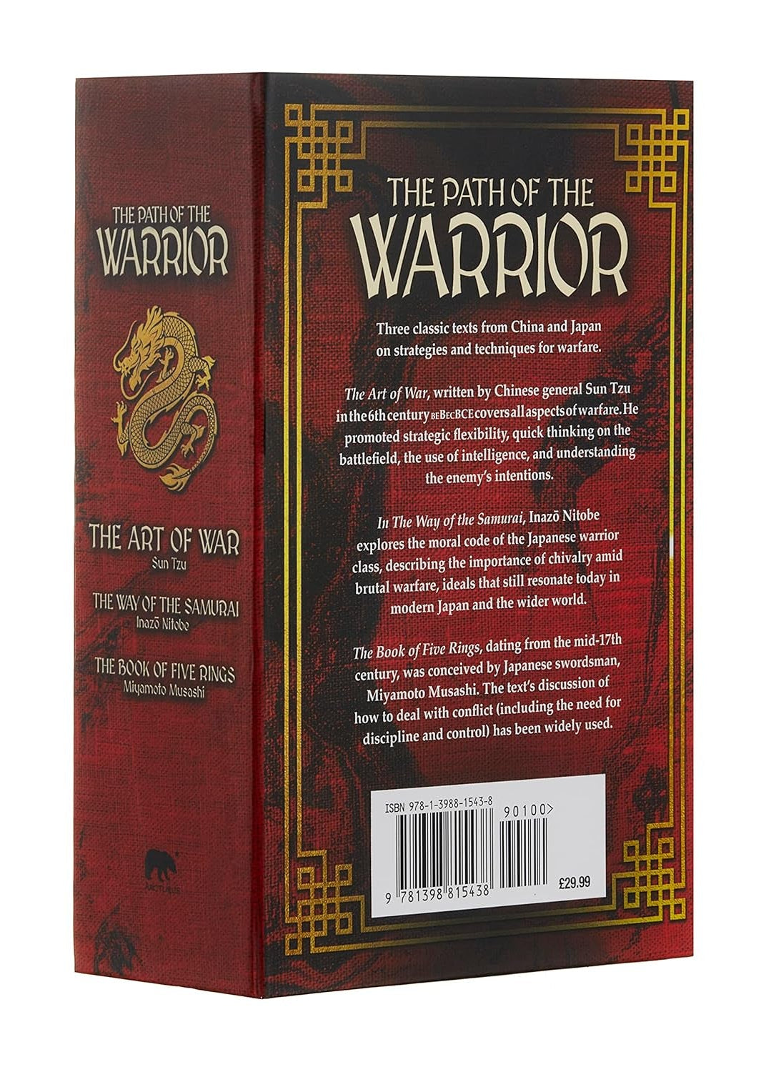 Back angled view of "Path of the Warrior Ornate Book Box Set: Art of War-Way of the Samurai-Book of Five Rings" Boxed set.
