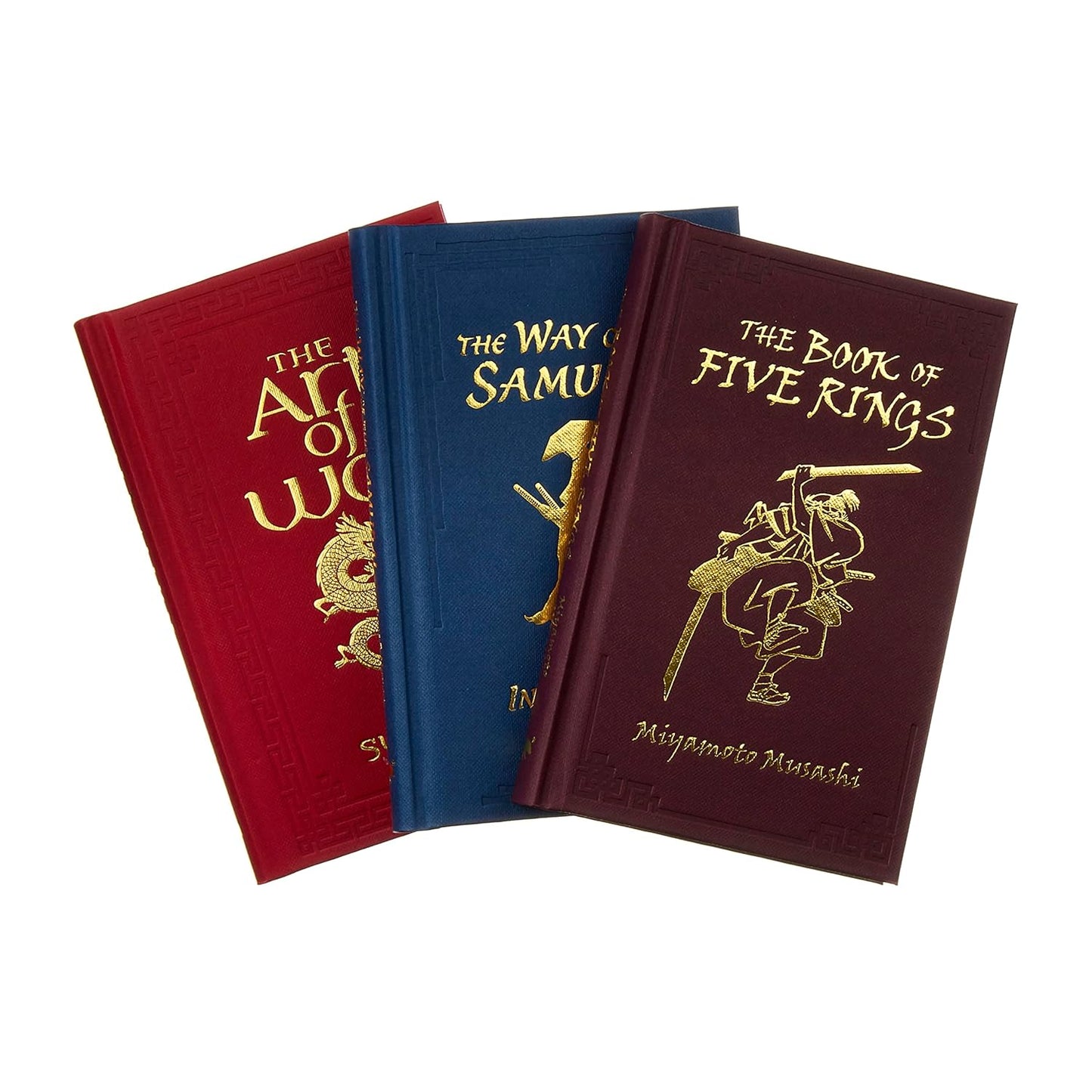Accordion book front cover display of 'Path of the Warrior Ornate Book Box Set: Art of War-Way of the Samurai-Book of Five Rings' showing all book titles.