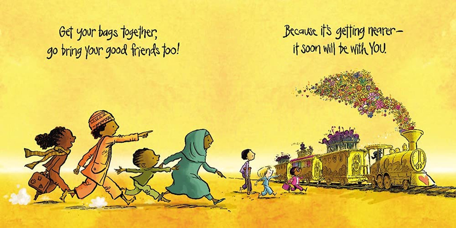 Page from the children's picture book 'Peace Train' by Cat Stevens and Peter H. Reynolds, featuring illustrations of children and a train with a peace sign.