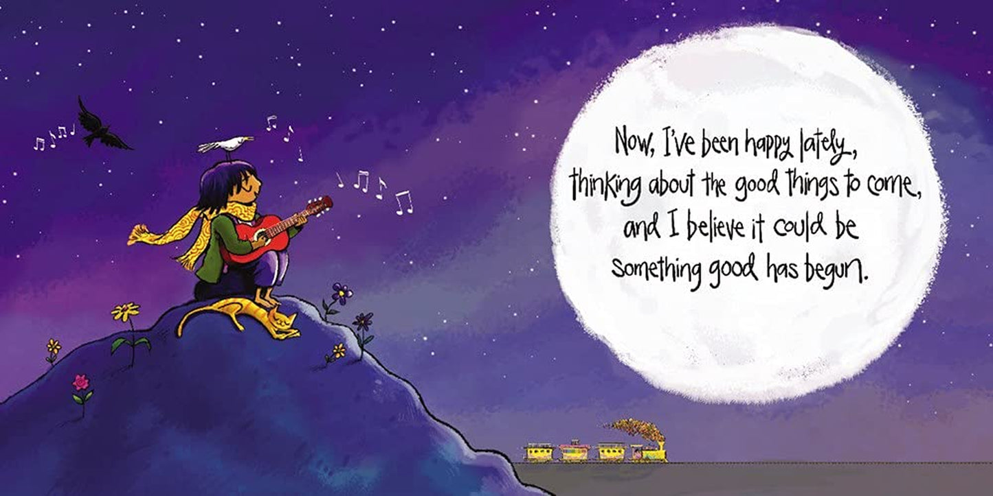 Page from the children's picture book 'Peace Train' by Cat Stevens and Peter H. Reynolds, featuring illustrations of children and a train with a peace sign.