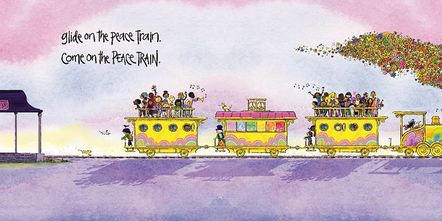 Page from the children's picture book 'Peace Train' by Cat Stevens and Peter H. Reynolds, featuring illustrations of children and a train with a peace sign.