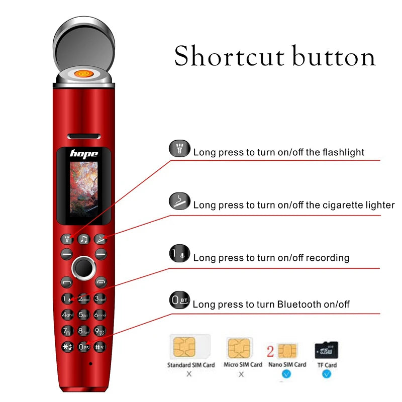 Multifunction novelty phone with built-in lighter, Bluetooth, flashlight, MP3/MP4 player, and voice changer.