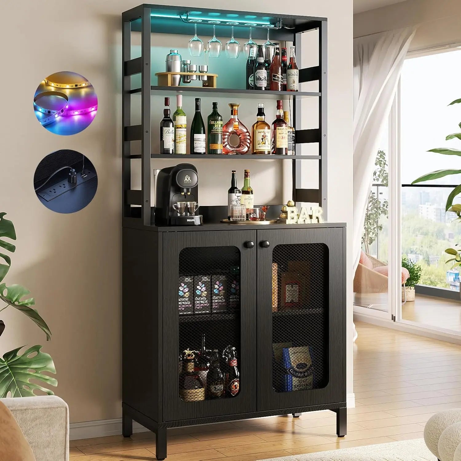 Black bar cabinet with shelves and a coffee machine in a room with a large window.