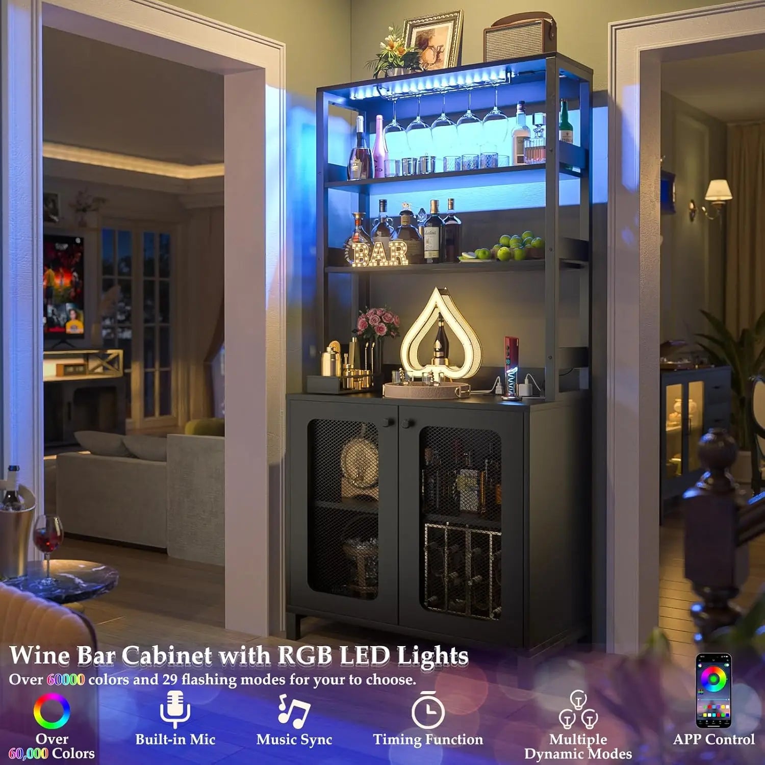 Wine bar cabinet with RGB LED lights in a modern living room setting.