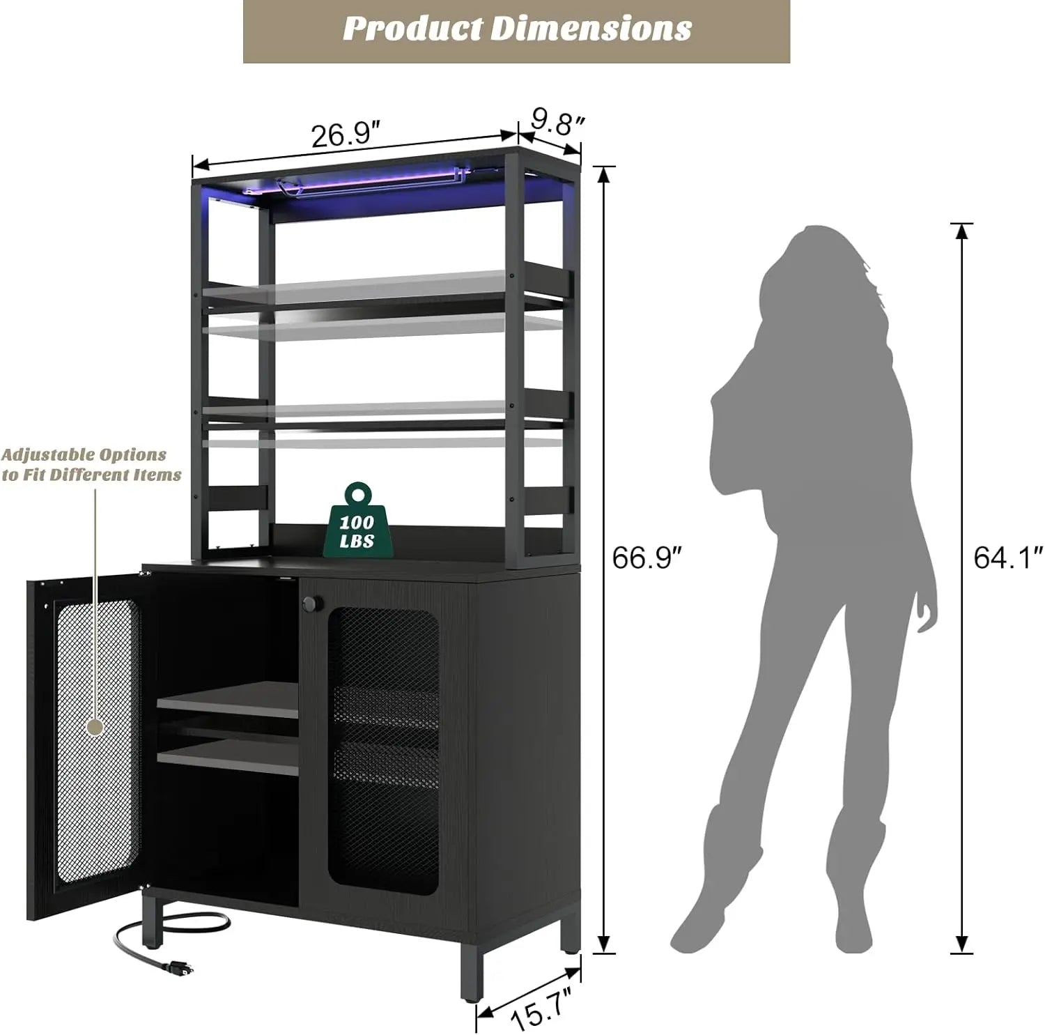 Black metal shelf unit with dimensions and a silhouette of a person for scale.
