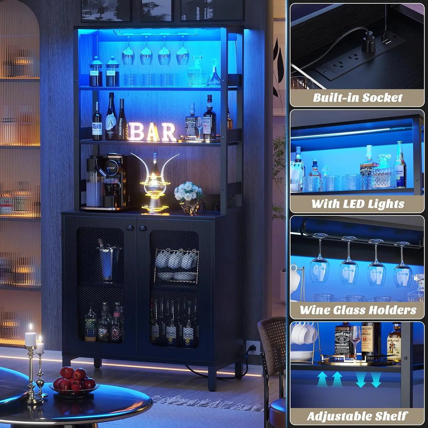 Modern bar cabinet with LED lights, wine glass holders, and adjustable shelf in a home setting.