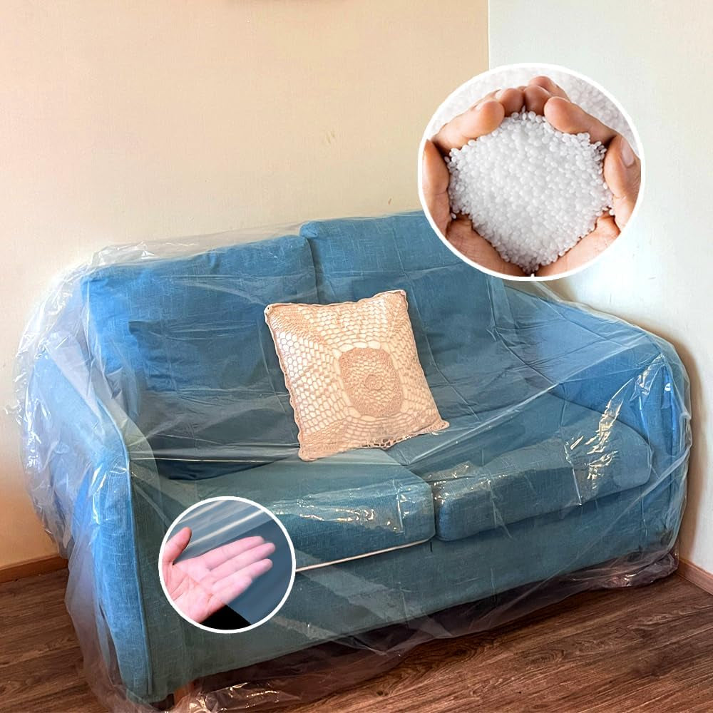 Perfect Pad Plastic Fresh Furniture Cover Liner: Safeguard Your Spot displayed covering a blue sofa and image in the upper right corner of hands holding the liner material showcasing it's quality production.