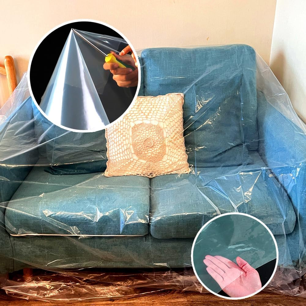 Perfect Pad Plastic Fresh Furniture Cover Liner displayed over a blue sofa and image in bottom right corner of material close-up and other small bubble image in the top left of a screwdriver poking the liner to display the material integrity and resistance of the couch liner.