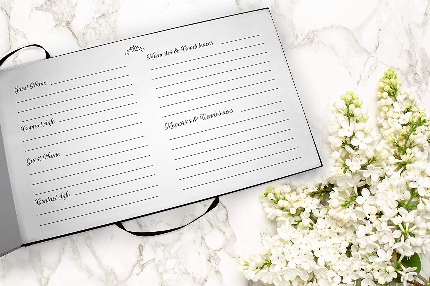 Open book view of 'Holy Heavens Dearly Departed Photo Funeral Guestbook Attendance Log' featuring blank lines for the funeral guest attendance guestbook.