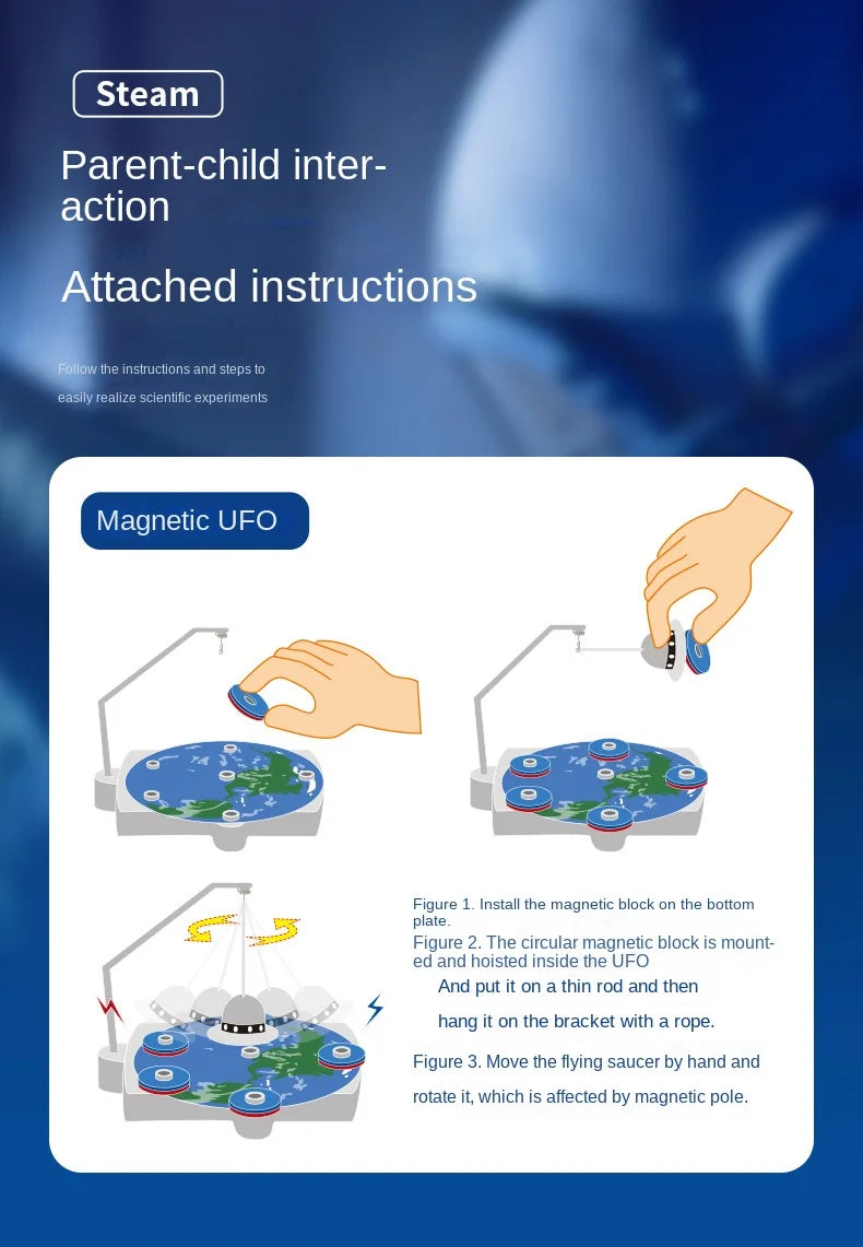Instructions for a magnetic UFO toy with hands interacting, on a blue background.