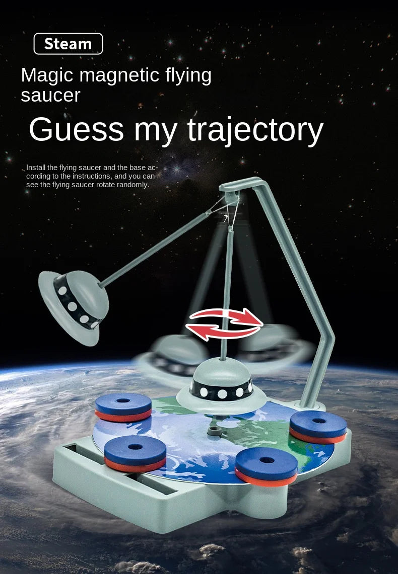Magic magnetic flying saucer toy with Earth in the background