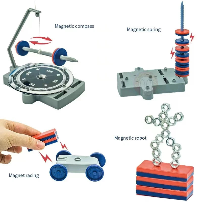 Collection of magnetic toys including a compass, spring, robot, and racing car on a white background.