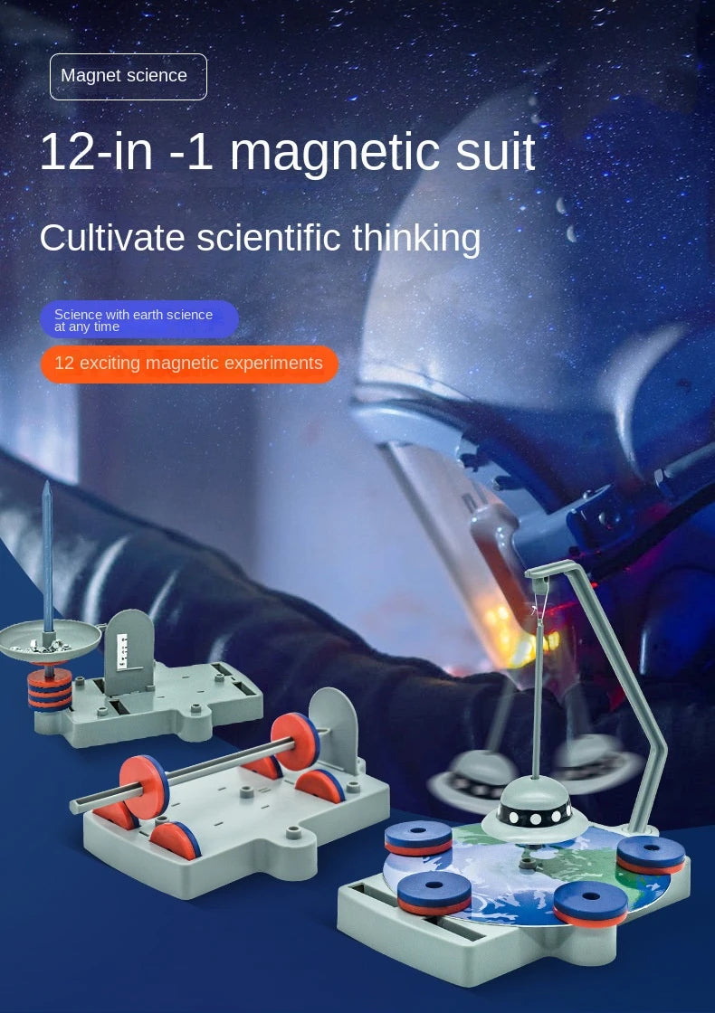 12-in-1 magnetic science kit with experiments on a dark background