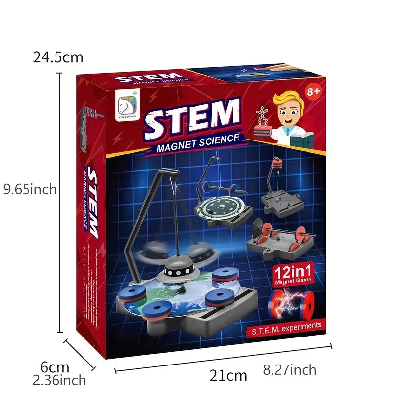 Box of STEM Magnet Science educational toy with measurements on a white background
