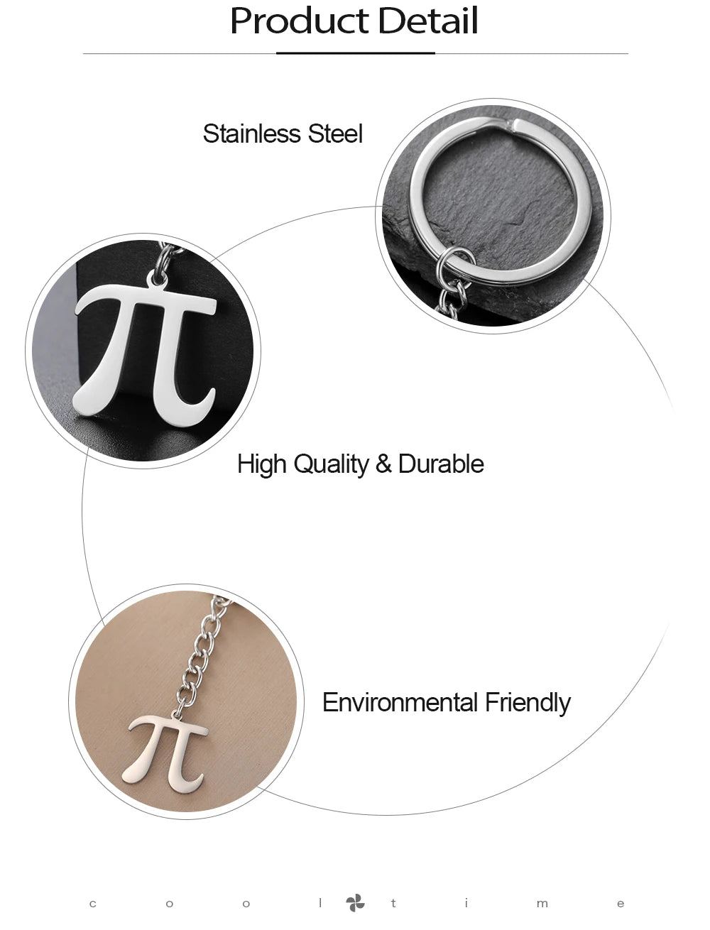 Product detail of a stainless steel pi symbol keychain with quality and durability features.
