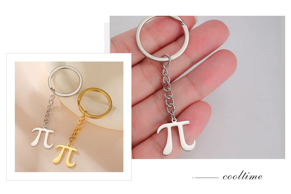 Pi symbol keychains in silver, gold, and white on a beige background.