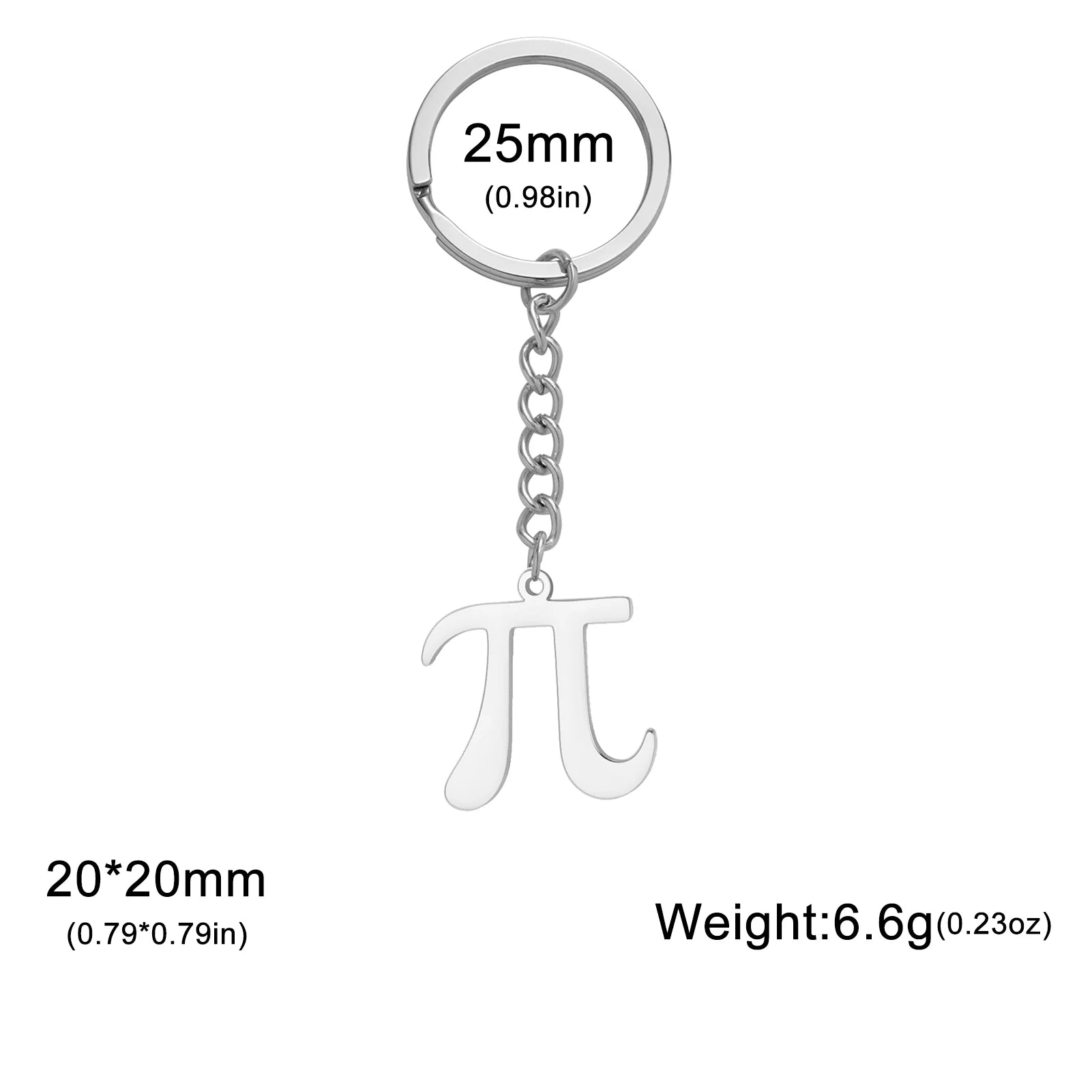 Keychain with pi symbol and measurement details on a white background