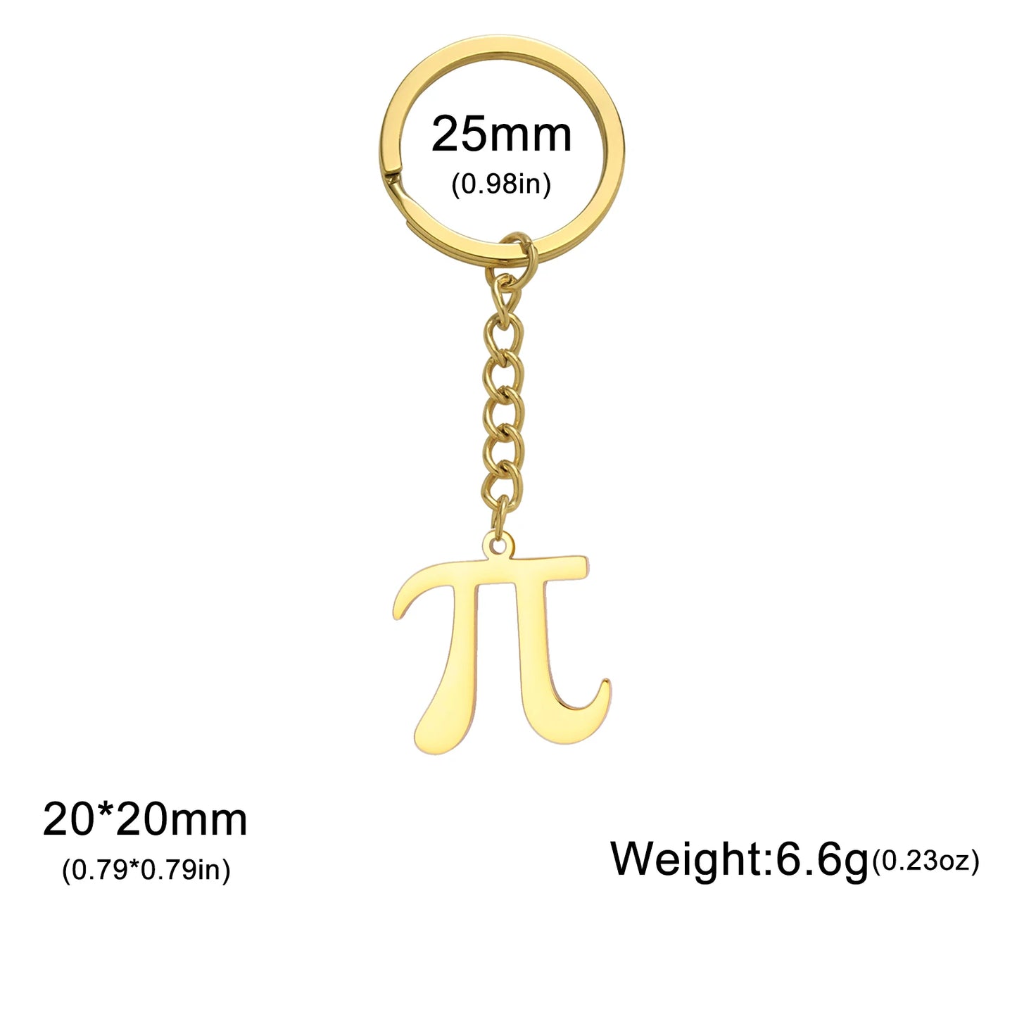 Gold keychain with pi symbol and measurement details on a white background