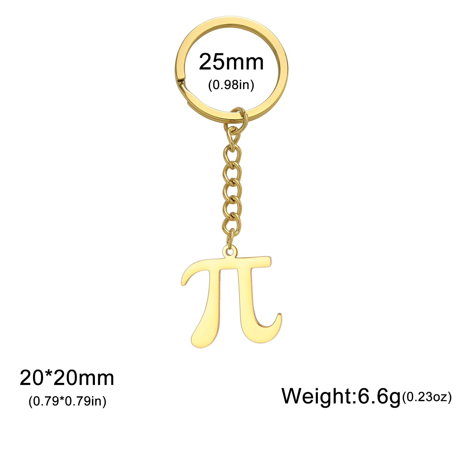 Gold keychain with pi symbol and measurement details on a white background
