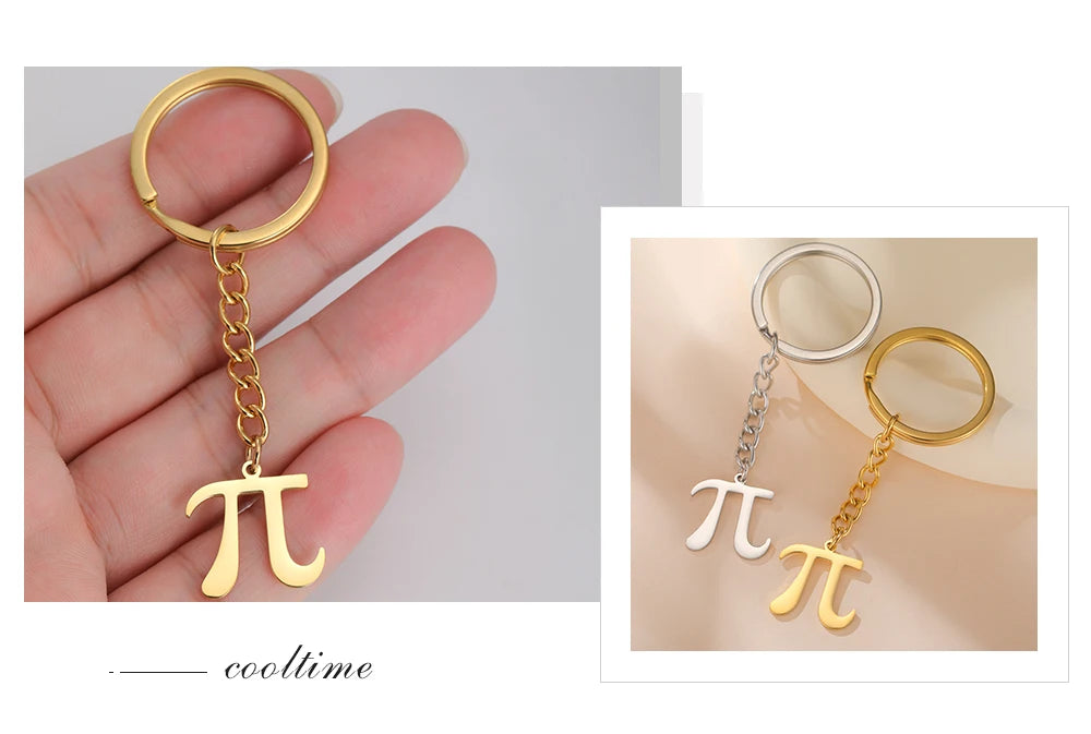 Gold and silver keychains with pi symbol held by a hand, displayed on a light gray background.