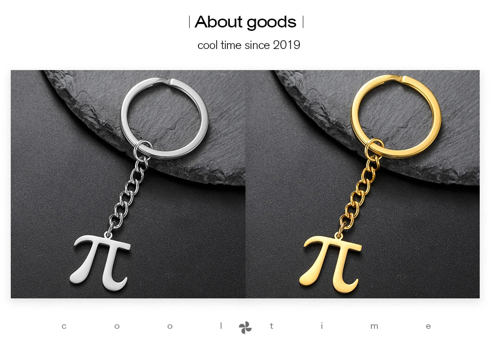 Silver and gold keychains with pi symbol on a dark stone background