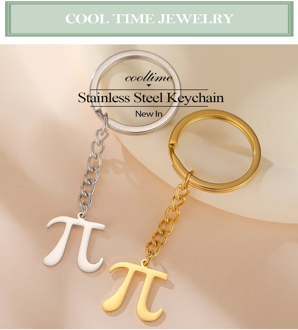Stainless Steel Keychains with Pi symbol in gold and white on a beige background.