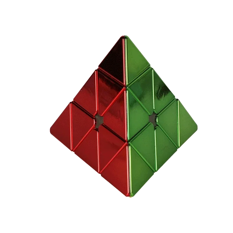 Pyraminx-style puzzle with red and green faces on a white background