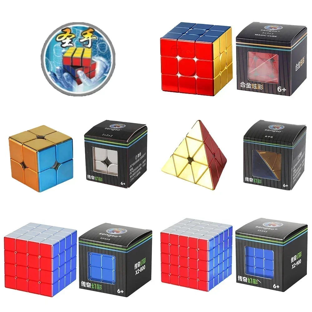Collection of Rubik's Cube variants and packaging on a white background