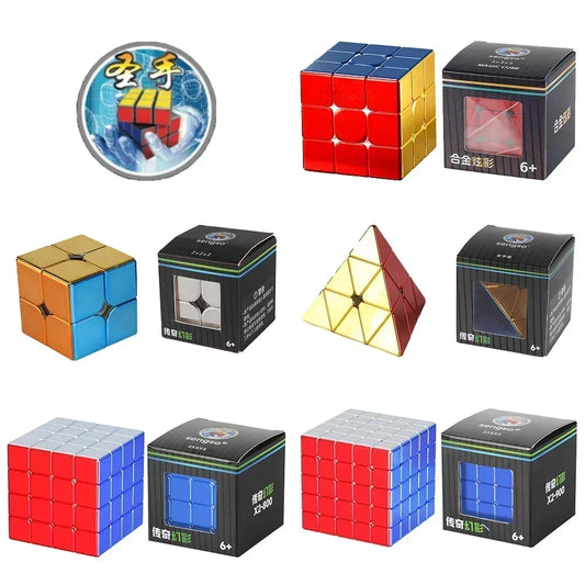 Collection of Rubik's Cube variants and packaging on a white background