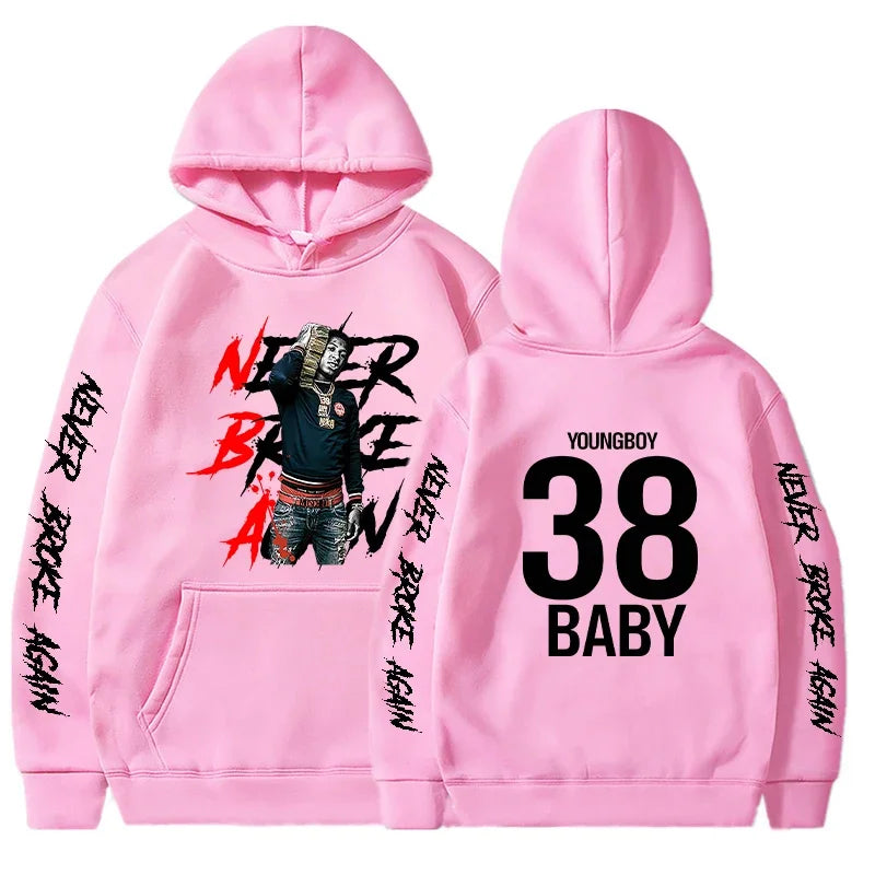 Pink NBA YoungBoy Never Broke Again hoodie with graphic design and text on a white background