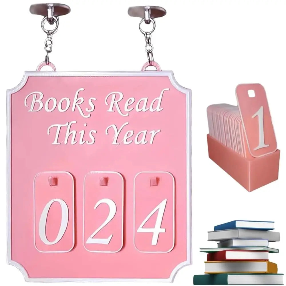 Pink calendar-like book tracker with 'Books Read This Year' text and stack of books on a white background