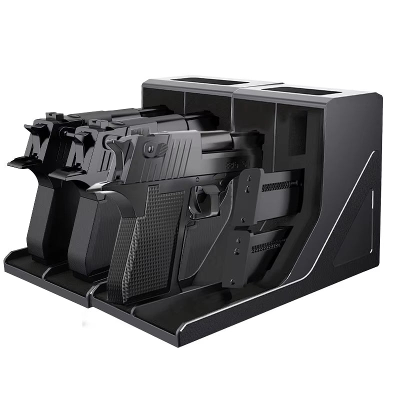 A black compact handgun storage stand with a capacity to hold up to 3 handguns and 3 magazines, featuring a matte surface with a leather texture.