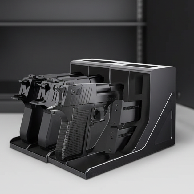 A black dual-gun holder or magazine rack with two handguns inserted, photographed on a light gray surface against a dark gray background.