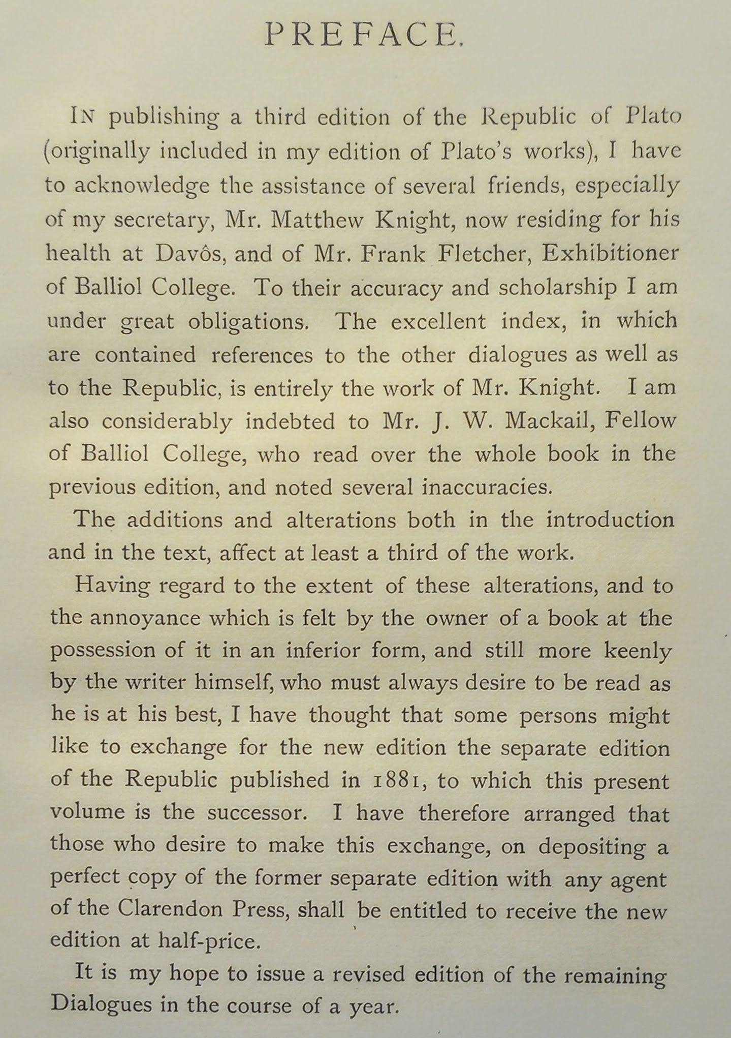 Preface text from a book edition, acknowledging contributions and describing changes to the Republic of Plato.