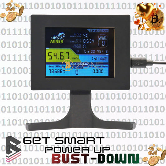 NerdMiner Mini lotto miner Desktop setup with stand resembling TV screen featuring hashrate and other elements of Bitcoin mining in real time with type-c USB connection and a background featuring binary code, blockchain symbolism, 'Bust-Down Books' and Bitcoin elements.