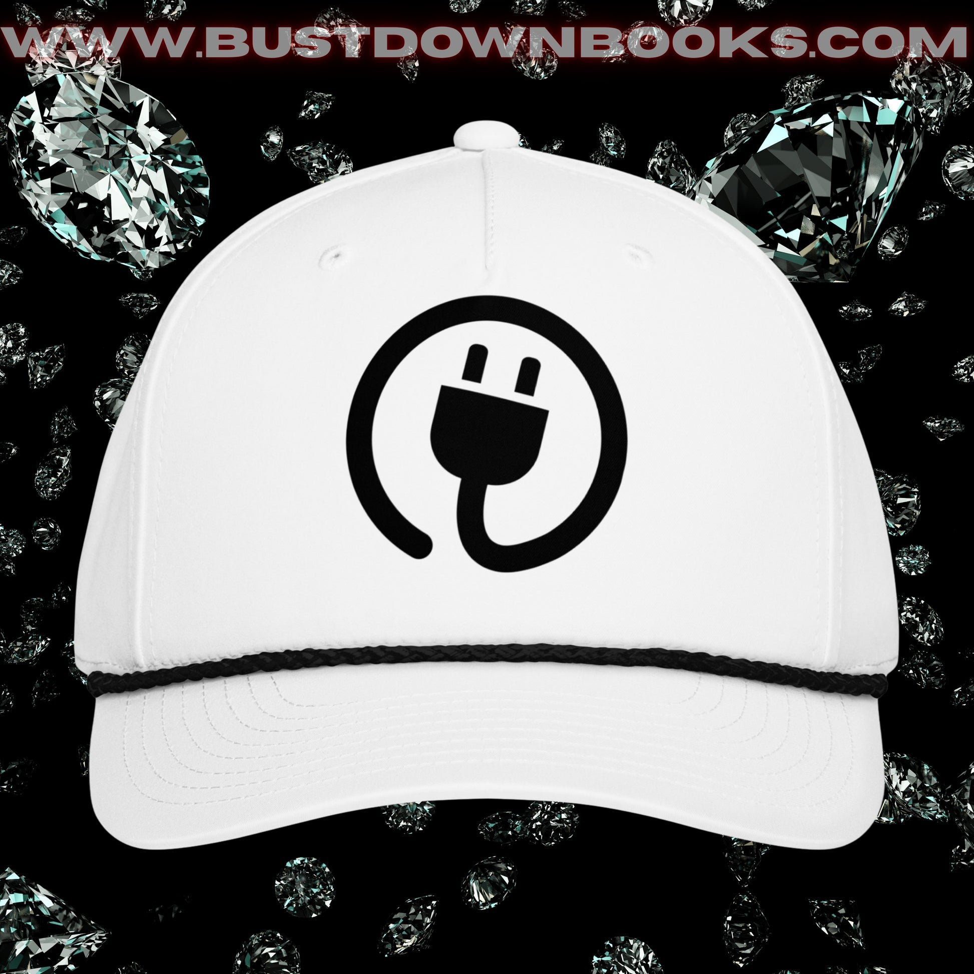White rope cap with black plug logo circle on front, braided bill cord, mid-profile five-panel snapback.