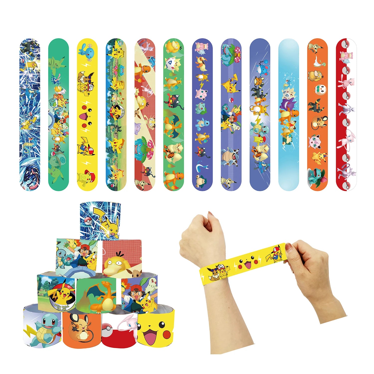 Pokémon Slap Bracelet Set – 12-Pack Cartoon PVC Snap Bands for Kids Party Favors